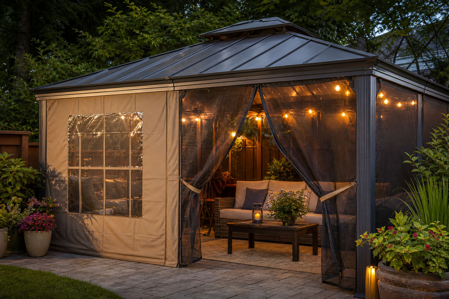 Gazebo enclosed with khaki canvas window panels and black mosquito mesh