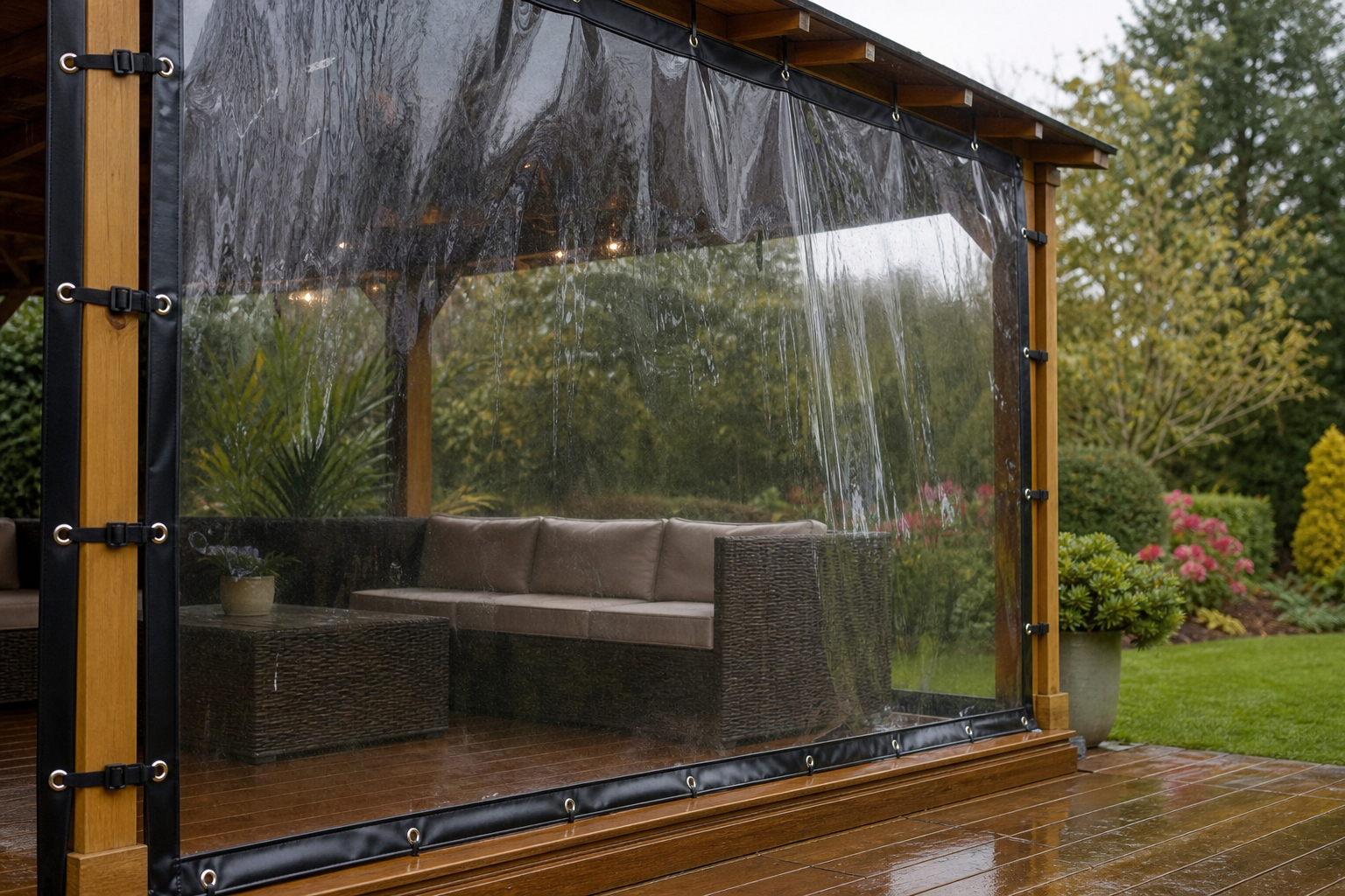 Rain on a clear PVC gazebo wall with reinforced edges and grommets