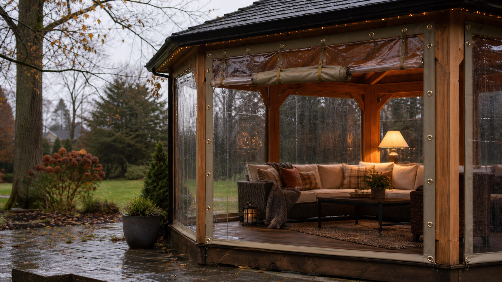 Clear vinyl walls enclosing a warmly lit cedar gazebo on a rainy autumn day